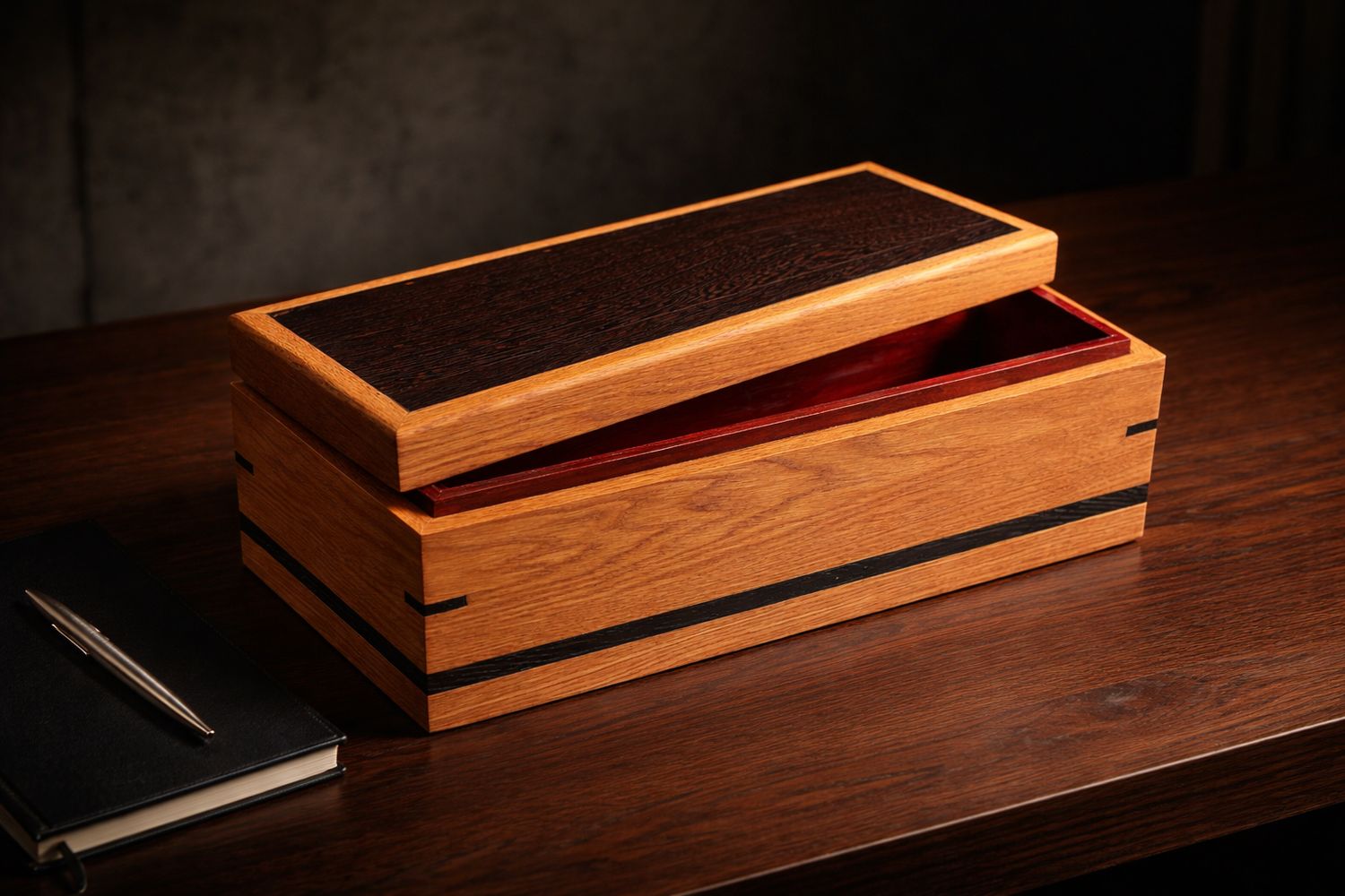 Coffret de bureau en bois de Frêne, Noyer et Wengé et Padauk (bois exotiques)