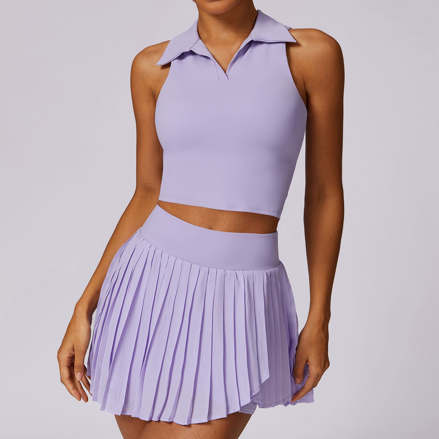 Workout Matching Sets Polo V Neck Tops and 2-in-1 Chiffon Skirts