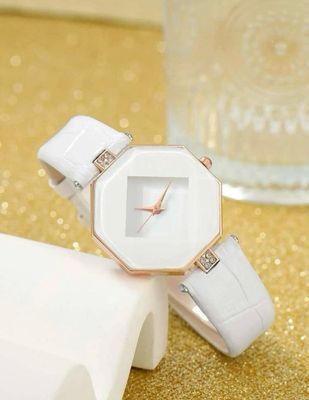 Female Watch - White Band White Background (with gold bracelet)