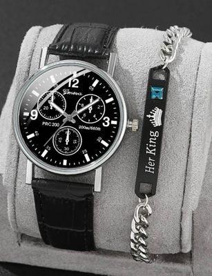 Male Watch - Black Leather Band Silver Dial (with ID Band - &quot;Her King&quot;)