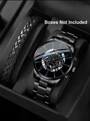 Male Watch - Black Band Blue Highlight Geneva (with leather bracelet)