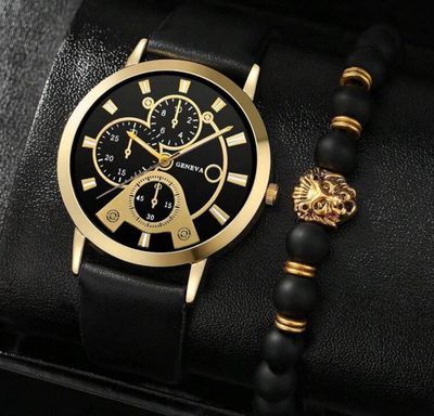 Male Watch - Black Band Gold Dial (with black &amp; gold beaded bracelet)