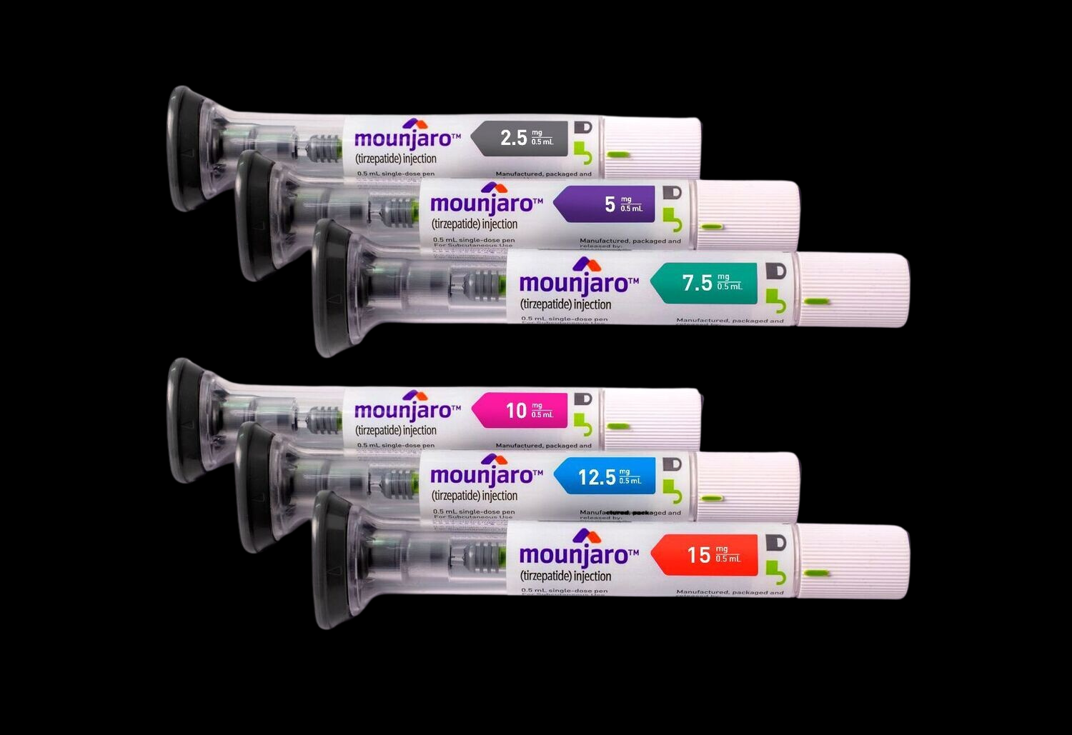 A collection of Mounjaro KwikPens in ascending dosages from 2.5mg to 15mg, designed for weekly self-injection to aid in weight loss by regulating blood sugar and energy balance."