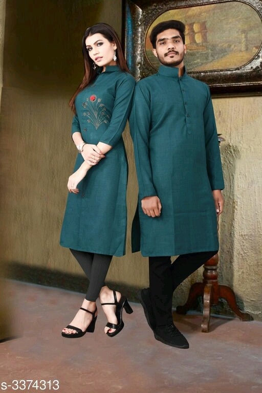 Trendy Designer Slub Cotton Couple Kurta Set