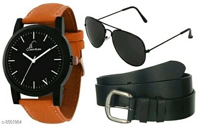 Men's Watch, Glass & Belt Combo