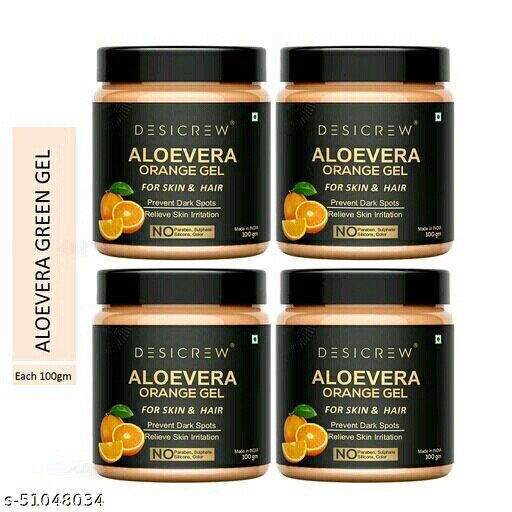 Desi Crew Pure Aloe Vera Orange Gel Great for Face, Sunburn Relief, Acne, Razor Bumps, Psoriasis, Eczema, Dry Skin 100gm pack of 4