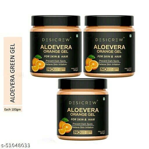 Desi Crew Pure Aloe Vera Orange Gel Great for Face, Sunburn Relief, Acne, Razor Bumps, Psoriasis, Eczema, Dry Skin 100gm pack of 3