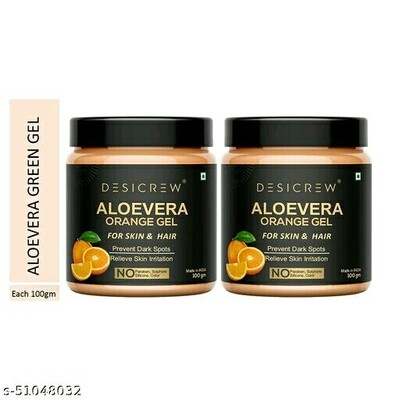 Desi Crew Pure Aloe Vera Orange Gel Great for Face, Sunburn Relief, Acne, Razor Bumps, Psoriasis, Eczema, Dry Skin 100gm pack of 2