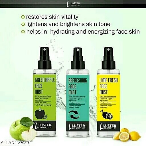 Luster Cosmetics Refreshing + Green Apple + Lime Fresh Face Mist Skin Toner-115ml each
