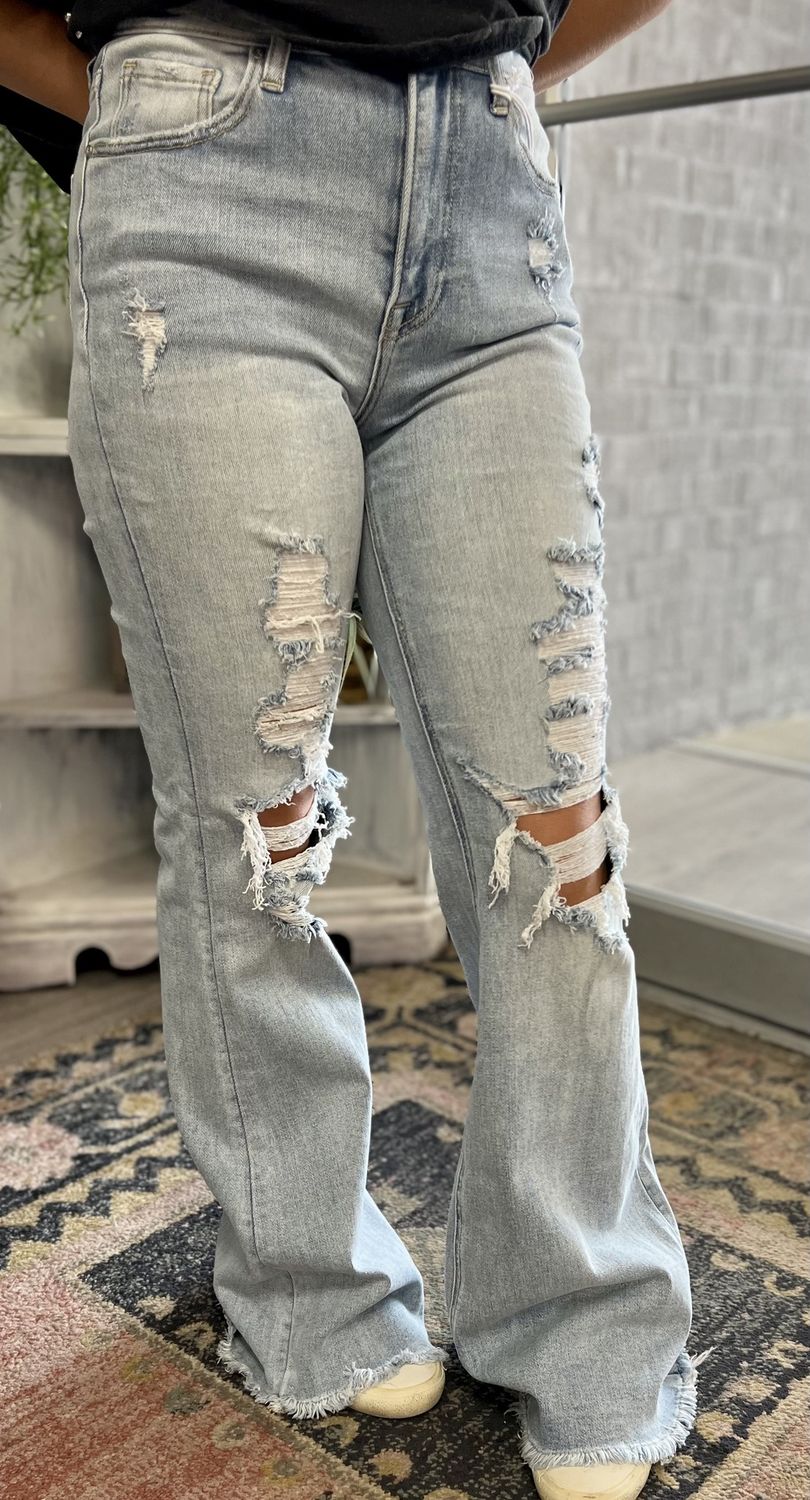 Risen high rise distress flare jeans light blue
