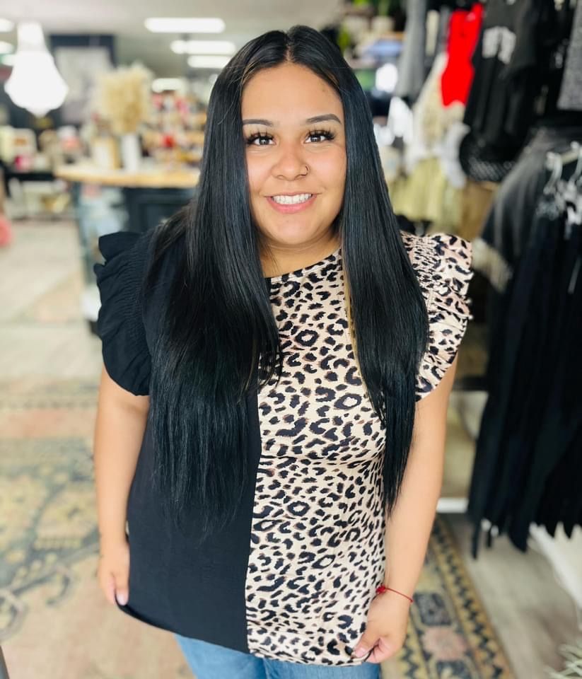 Jodifl - leopard and black ruffle sleeve curvy top.