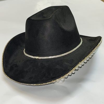 black cowgirl hat with rhinestone pearl bottom belt