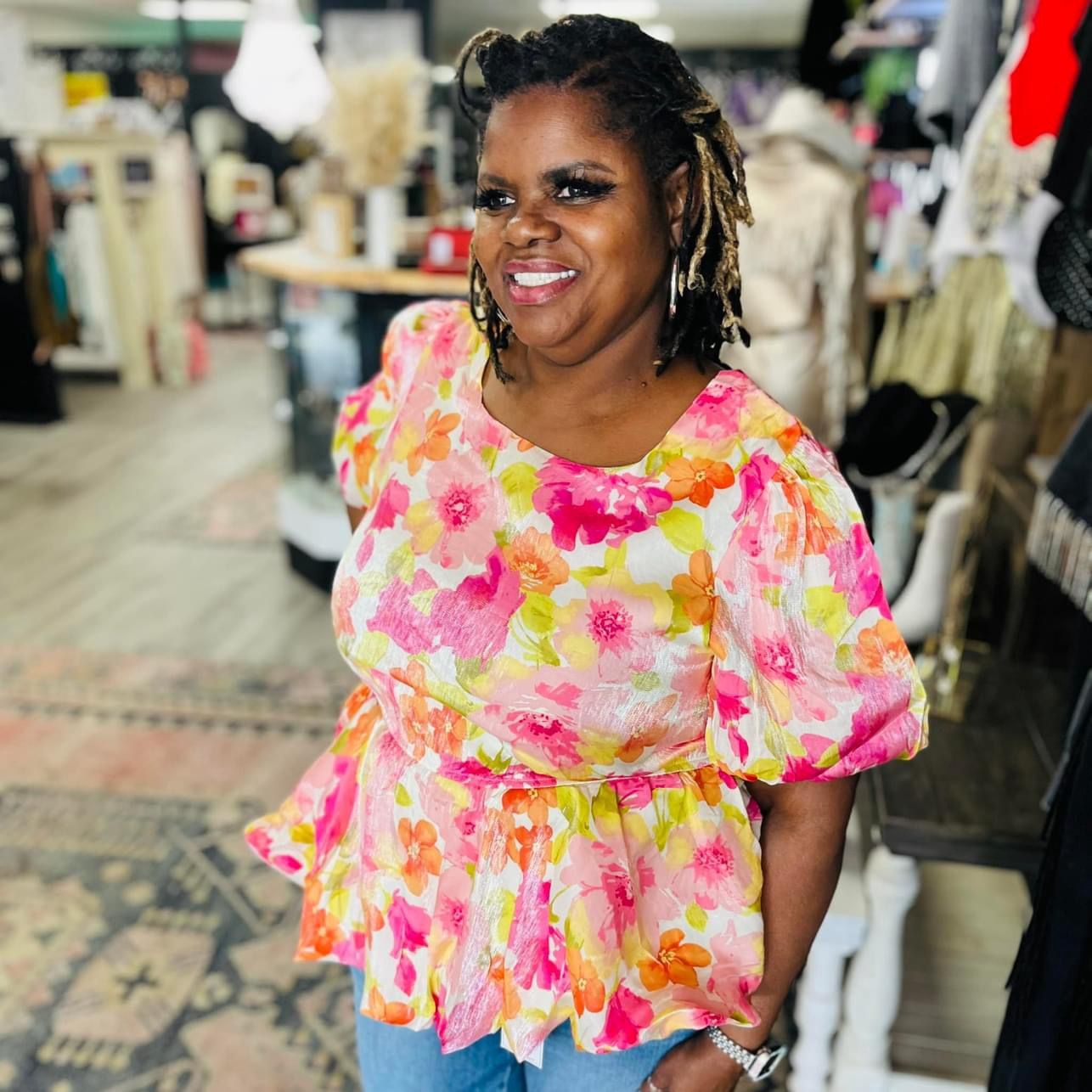 Hayden PLUS pink and orange floral baby doll top