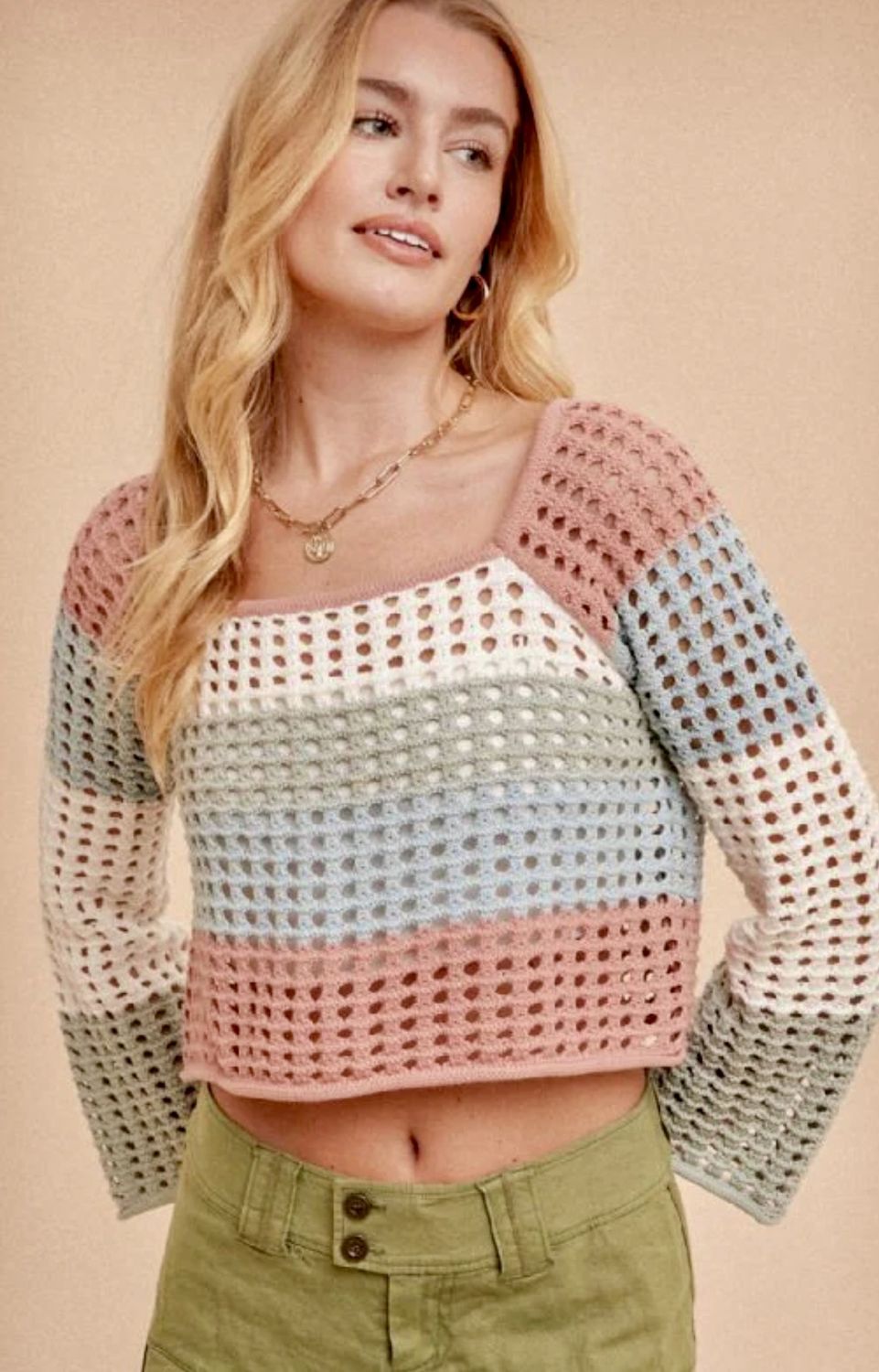 Hem and thread chrochet pastel crop sweater