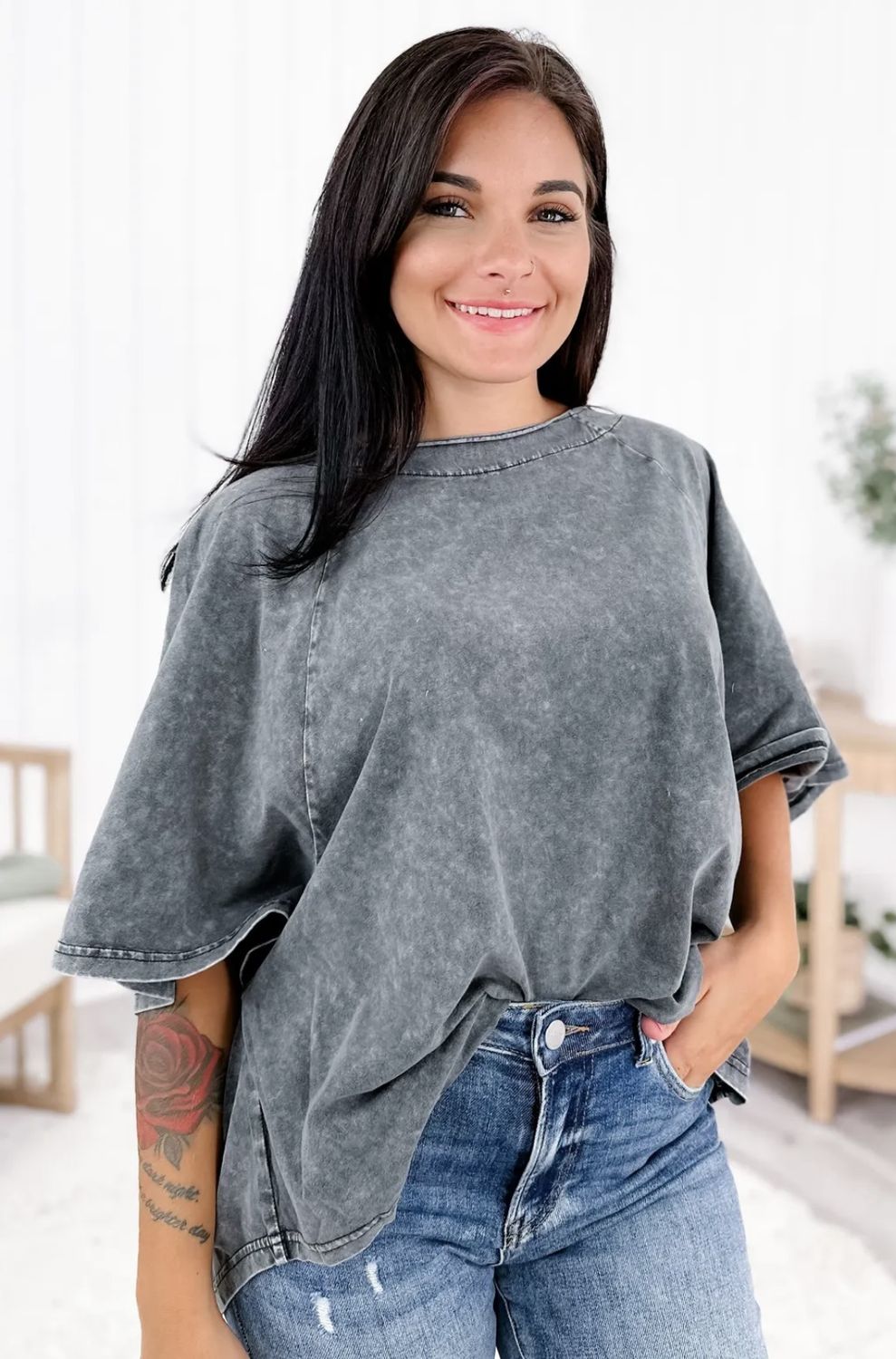 Easel grey white washed oversized top