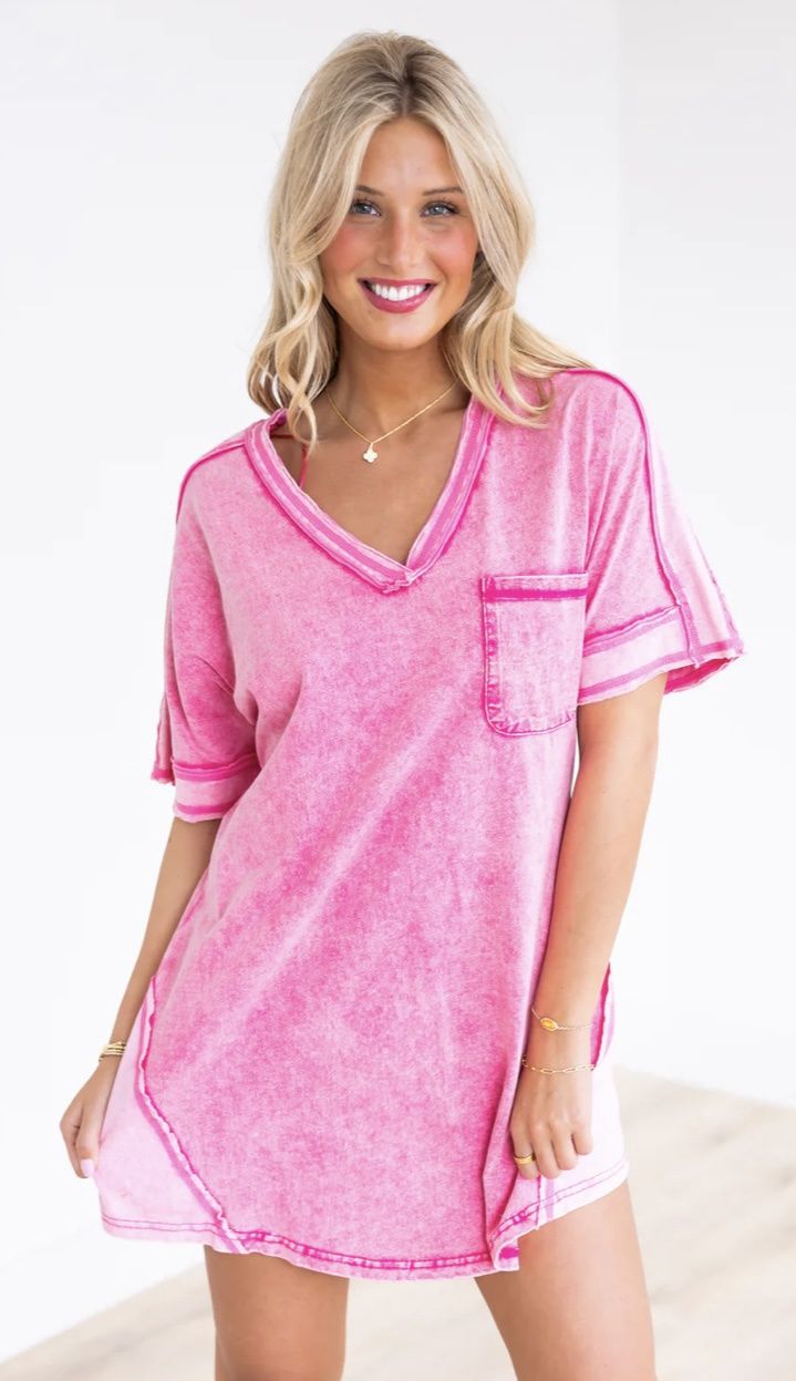 new in Oversized Washed T-shirt Knit Mini Dress pink