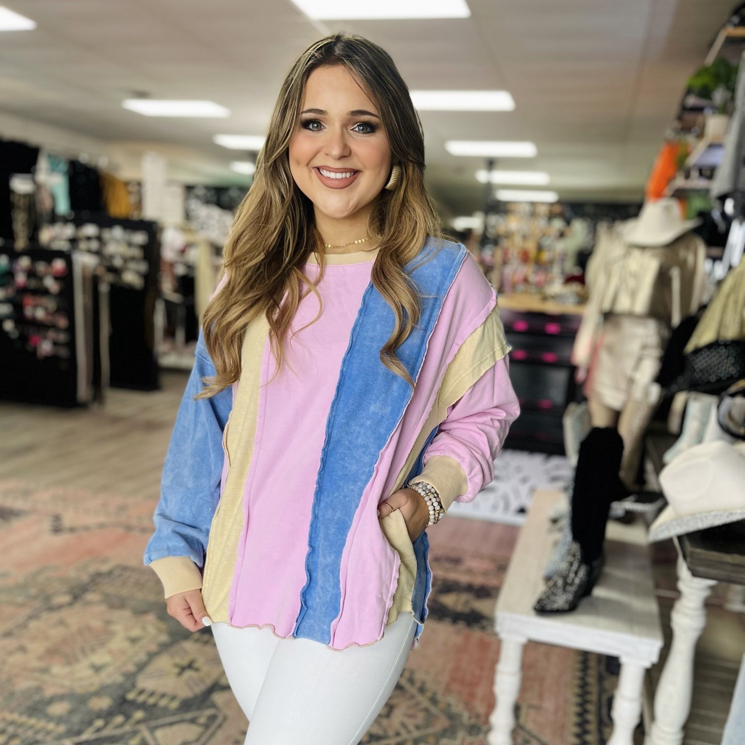 Blue Velvet - Blue, Pink and Yellow Sweat Shirt with Pockets