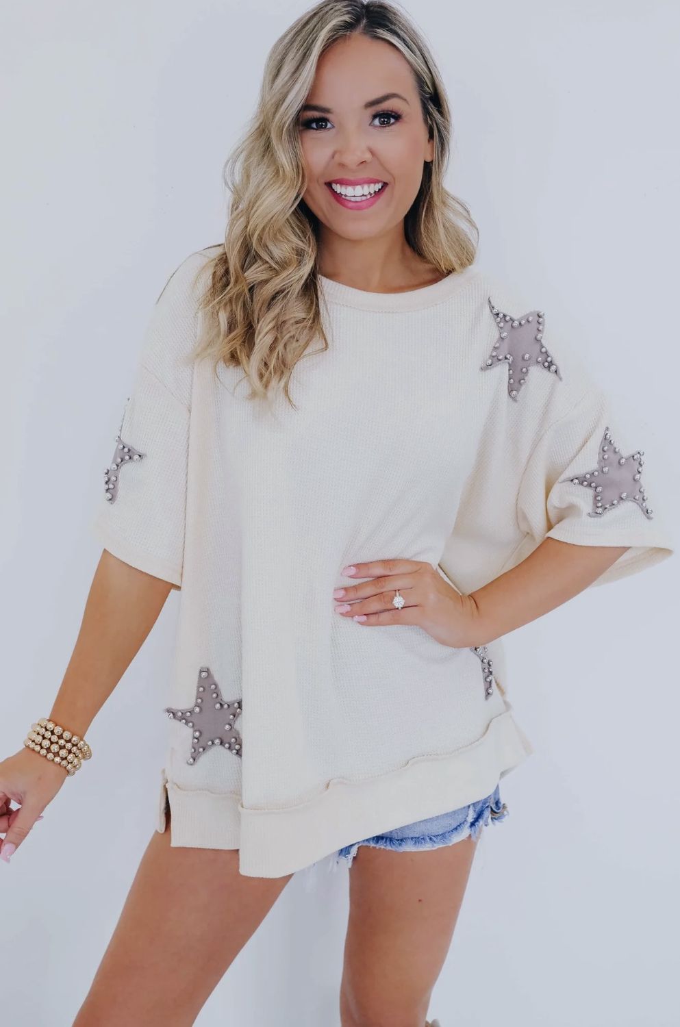 Blue Velvet - Cream Ribbed Star Top With Silver Accents