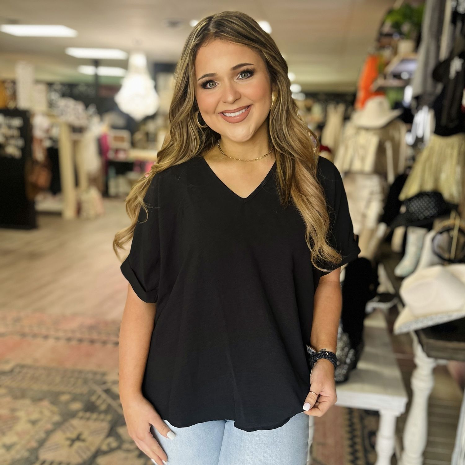 She&amp;Sky short sleeve V neck woven top- Black