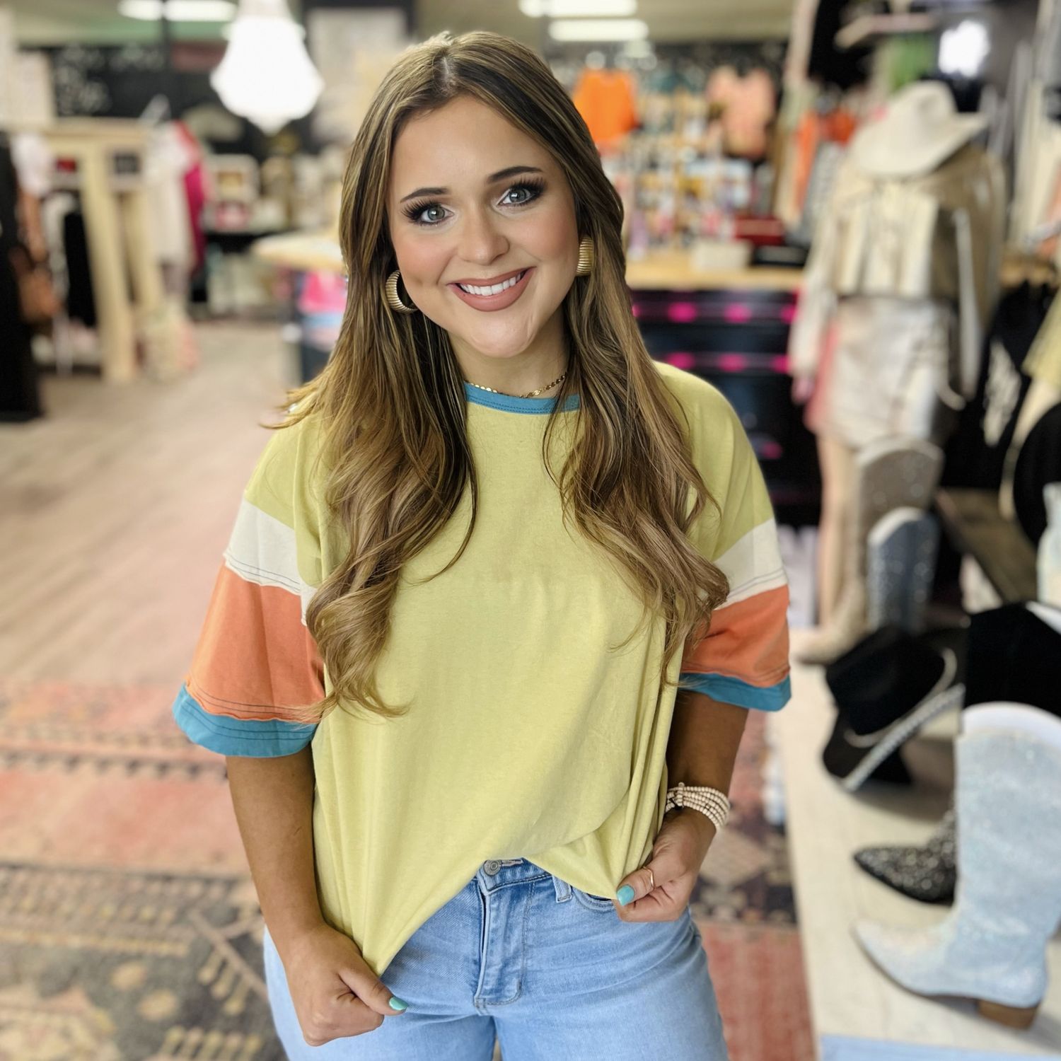 Easel - Short Sleeve Color Block Green, Orange, Teal and Cream Top