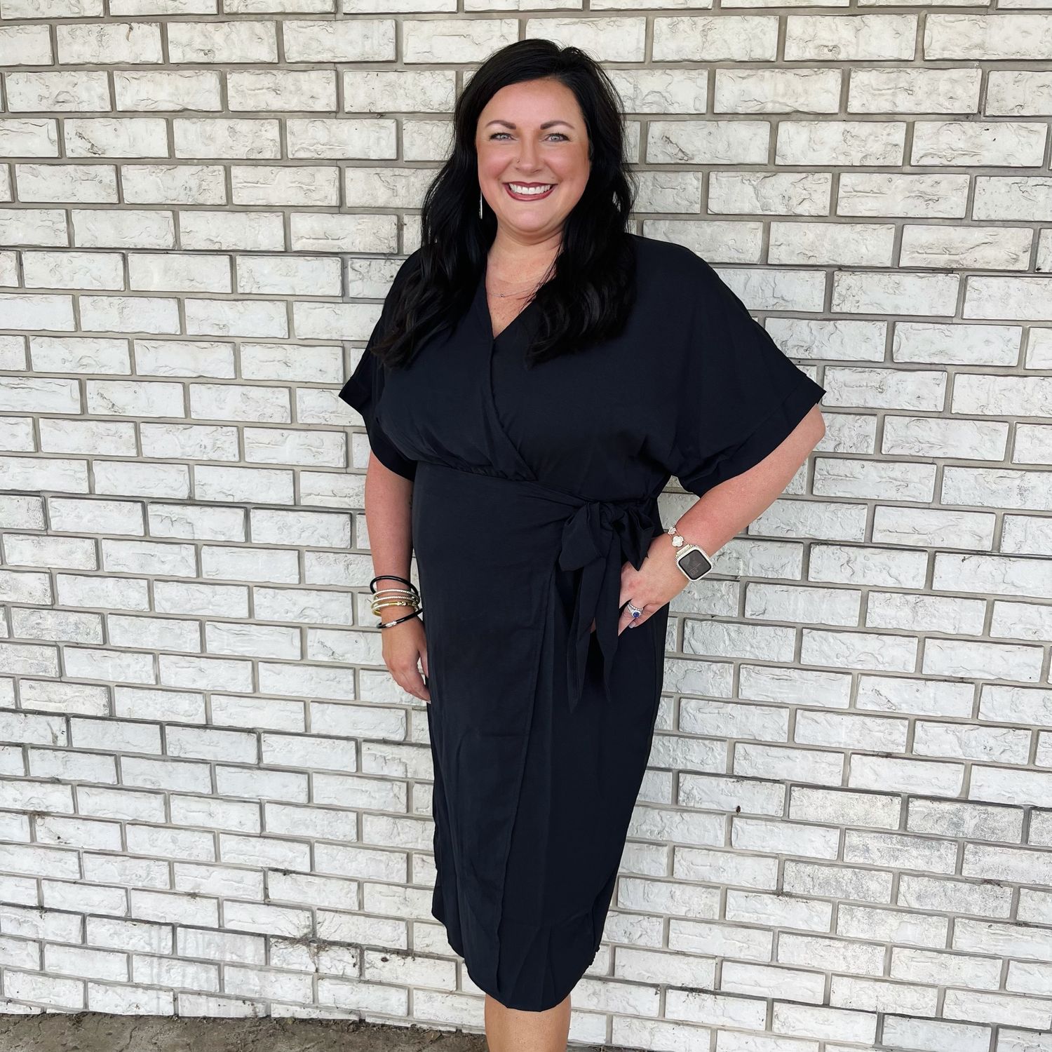 She + Sky - Curvy Black Short Sleeve Woven Surplice Wrap Midi Dress with Side Tie
