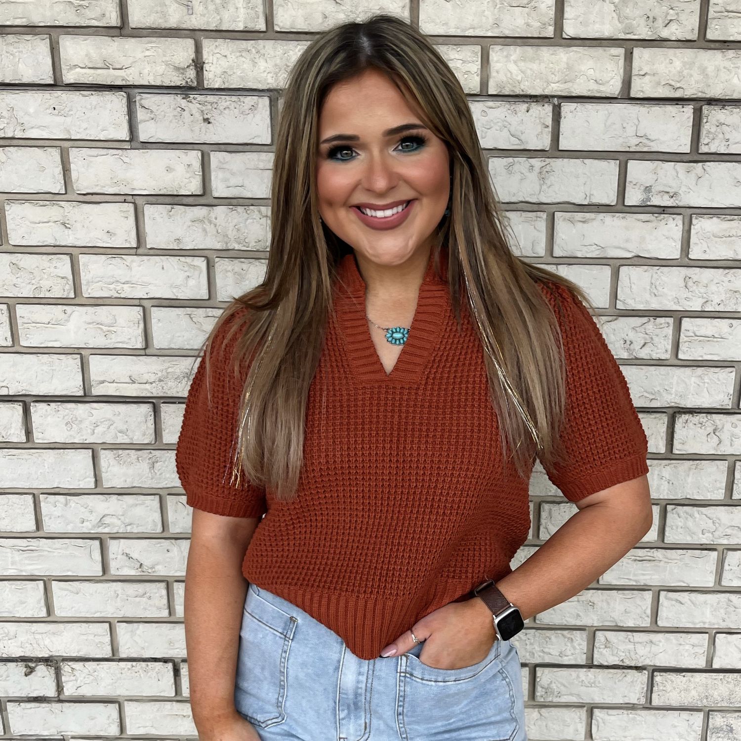 Entro Ruffled Sleeve Top Brick