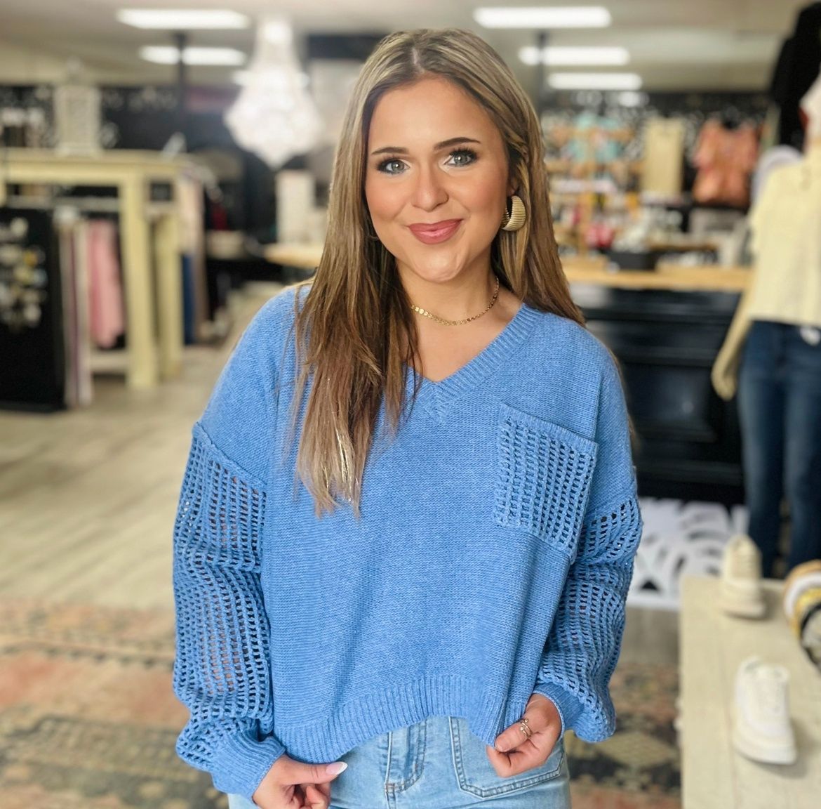 ee:some Open Knit Long Sleeve Sweater Top Denim
