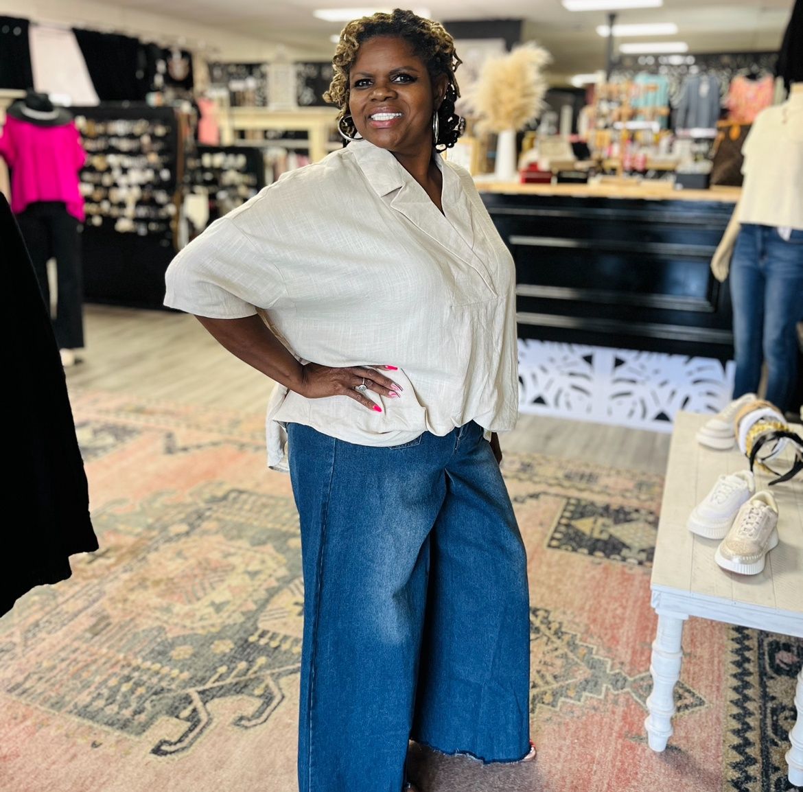 Davi and Dani Drop Shoulder Short Sleeve Front Tuckin Top White