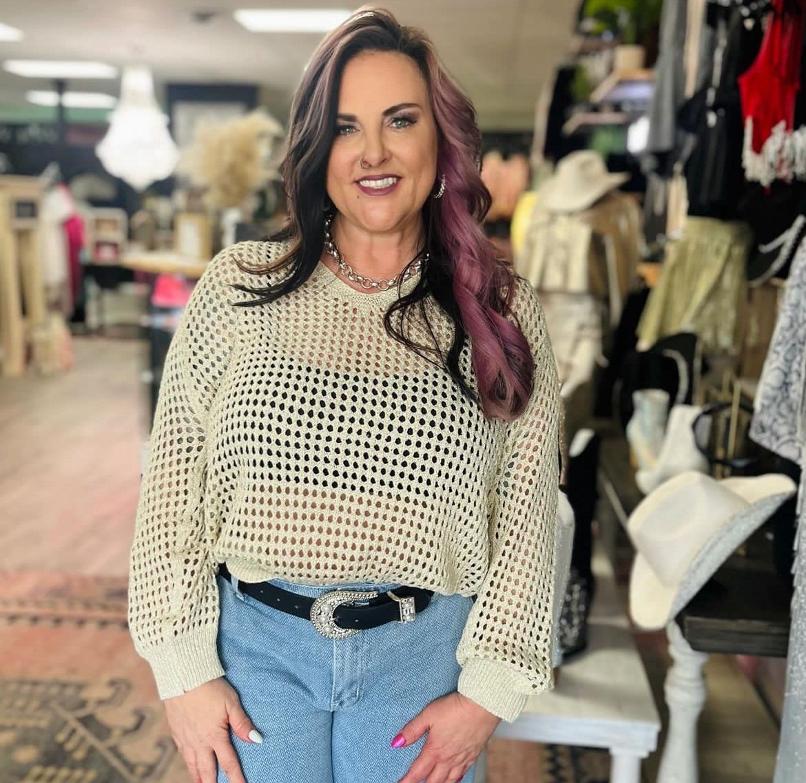 Gold open weave sweater Plus