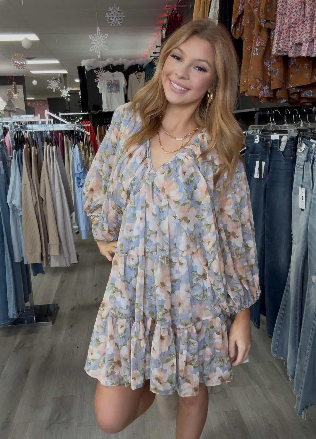Floral Print V Neck Dress (Periwinkle)