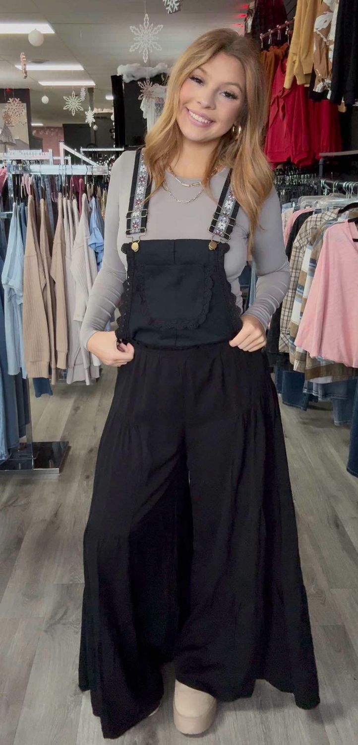 black overall flower straps romper