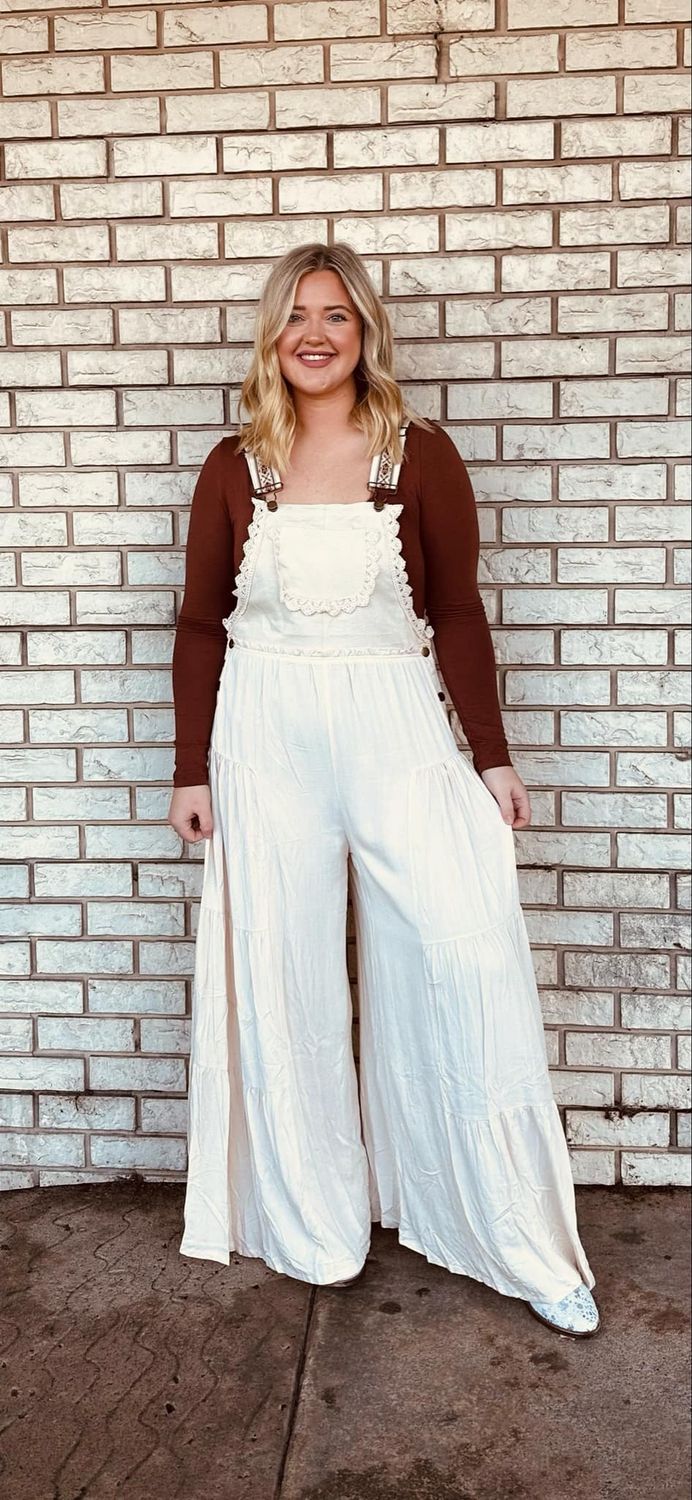 Lace Trim Tiered Sleeveless Jumpsuit (Oatmeal)