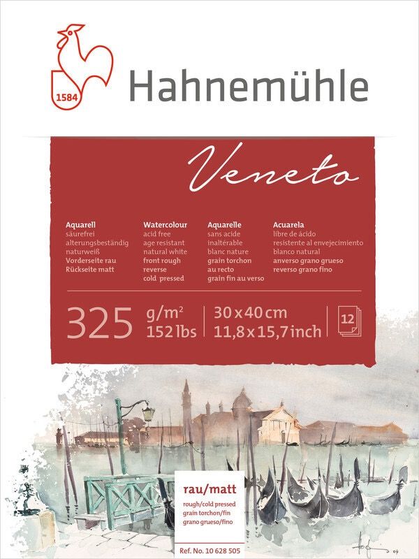Block Hahnemühle Veneto, 325g con 2 Texturas Aspero/Liso 30 x 40cms, 12 hojas