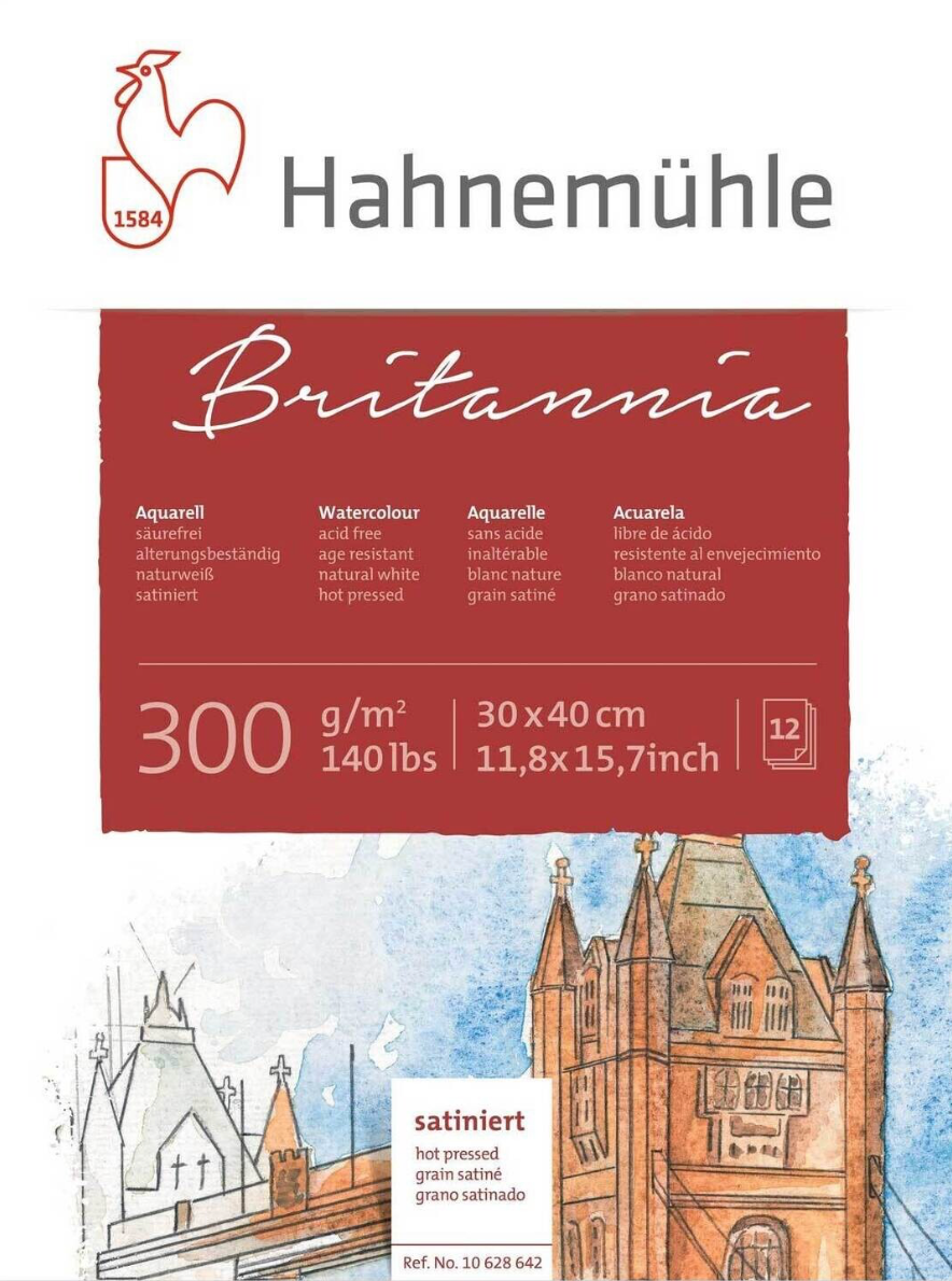 Block Hahnemühle Britannia GRANO SATINADO, 300 gramos, tamaño 30 x 40 cms, 12 Hojas