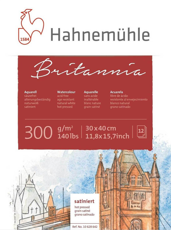 Block Hahnemühle Britannia GRANO SATINADO, 300 gramos, tamaño 30 x 40 cms, 12 Hojas
