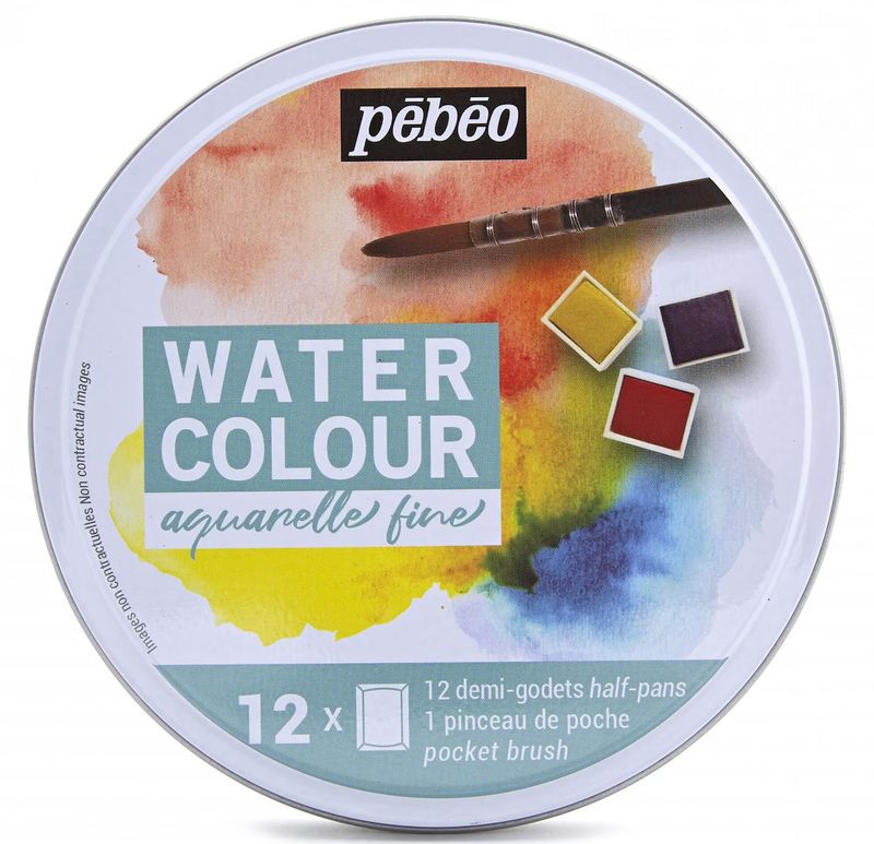 Acuarela Fina en pastillas PEBEO + 1 Pincel Portátil Caja Metálica