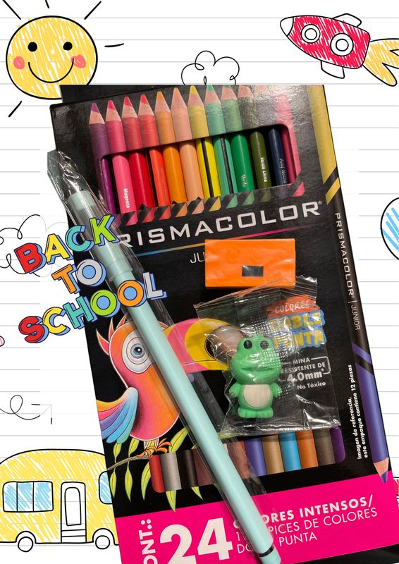 SET DE 24 Colores, 1 lápiz infinito + 1 borrador neon y 1 borrador figura infantil