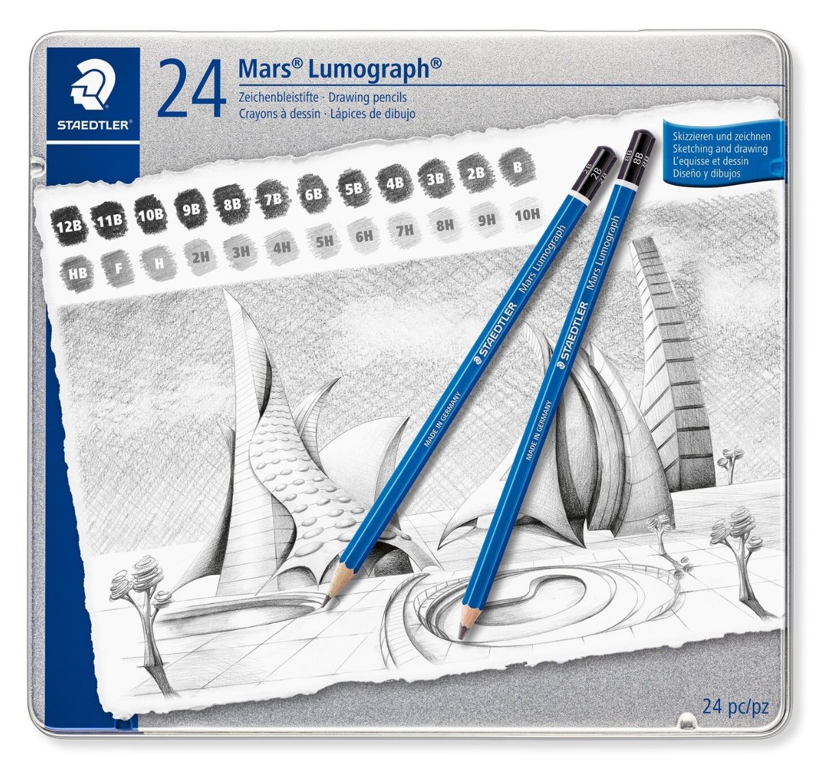 Lapiz Staedtler Mars Lumograph 24 grados, caja metálica