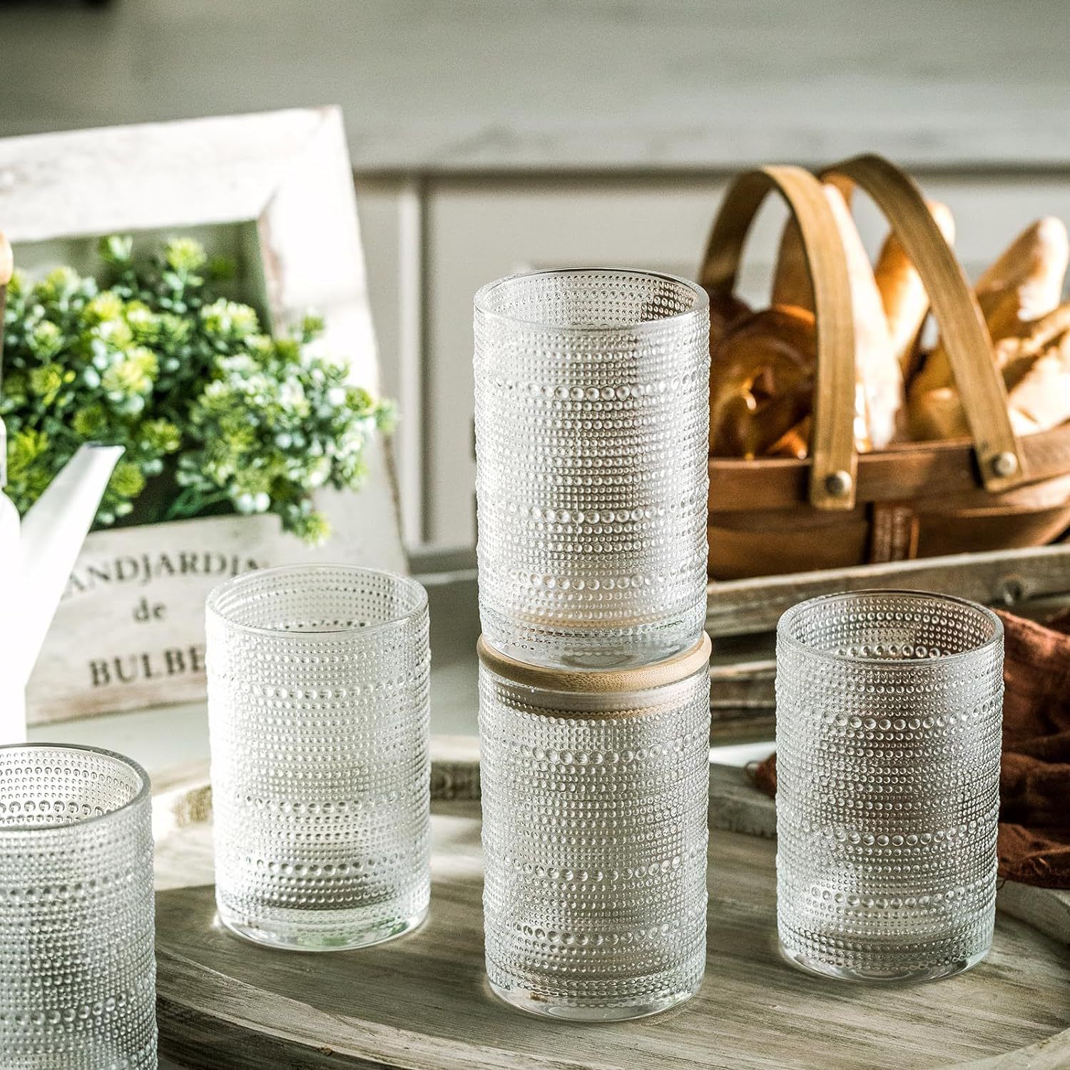 Embossed Bead Point Glass Cups - 14 oz - Includes lid and straw.