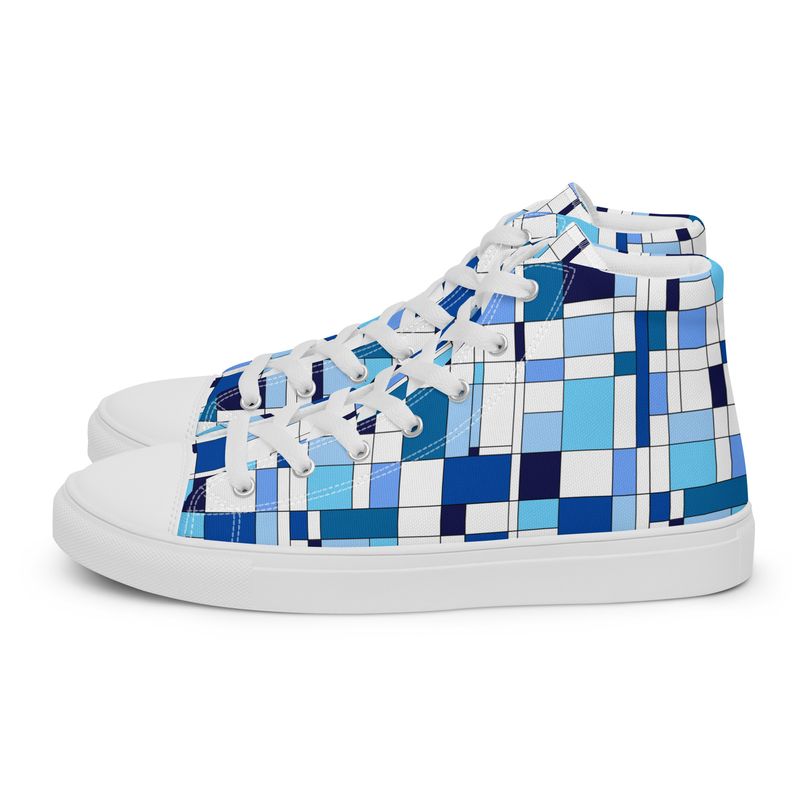 Mondrian-Inspired Blue Women&#39;s High Top Canvas Shoes