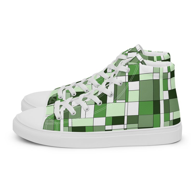 Mondrian-Inspired Green Women&#39;s High Top Canvas Shoes