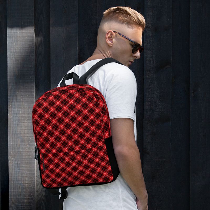 Red and Black Diagonal Plaid Backpack