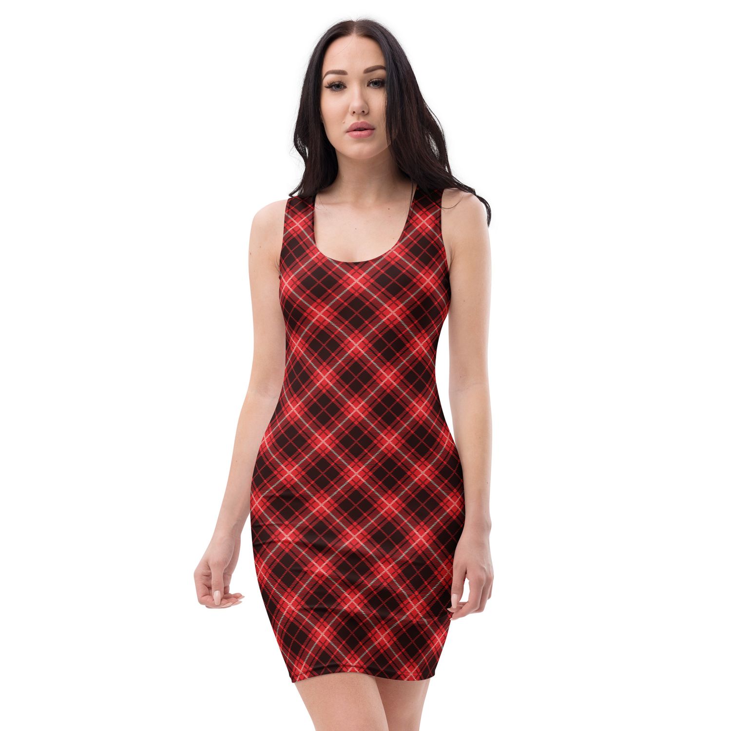 Red and Black Diagonal Plaid Bodycon dress