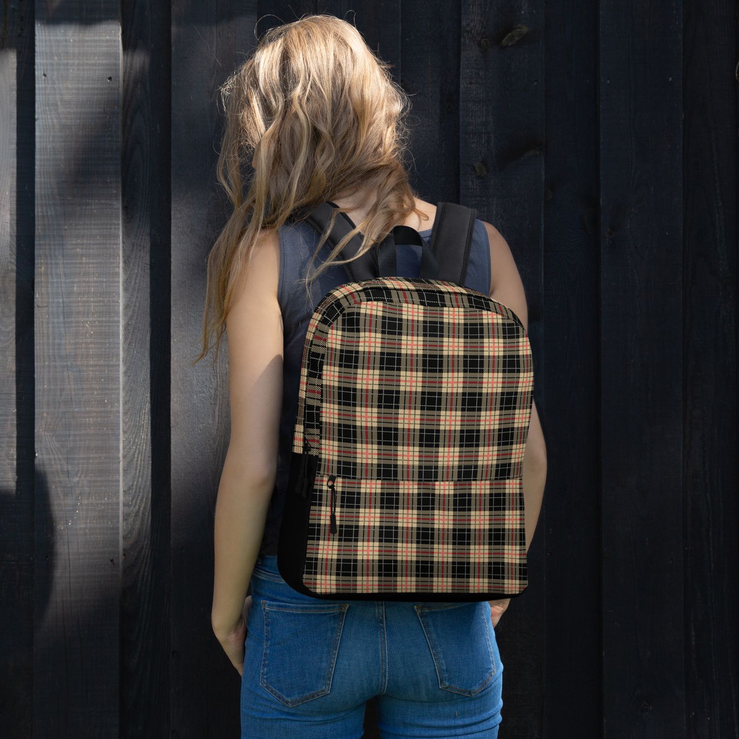 Tan and Black Plaid Backpack