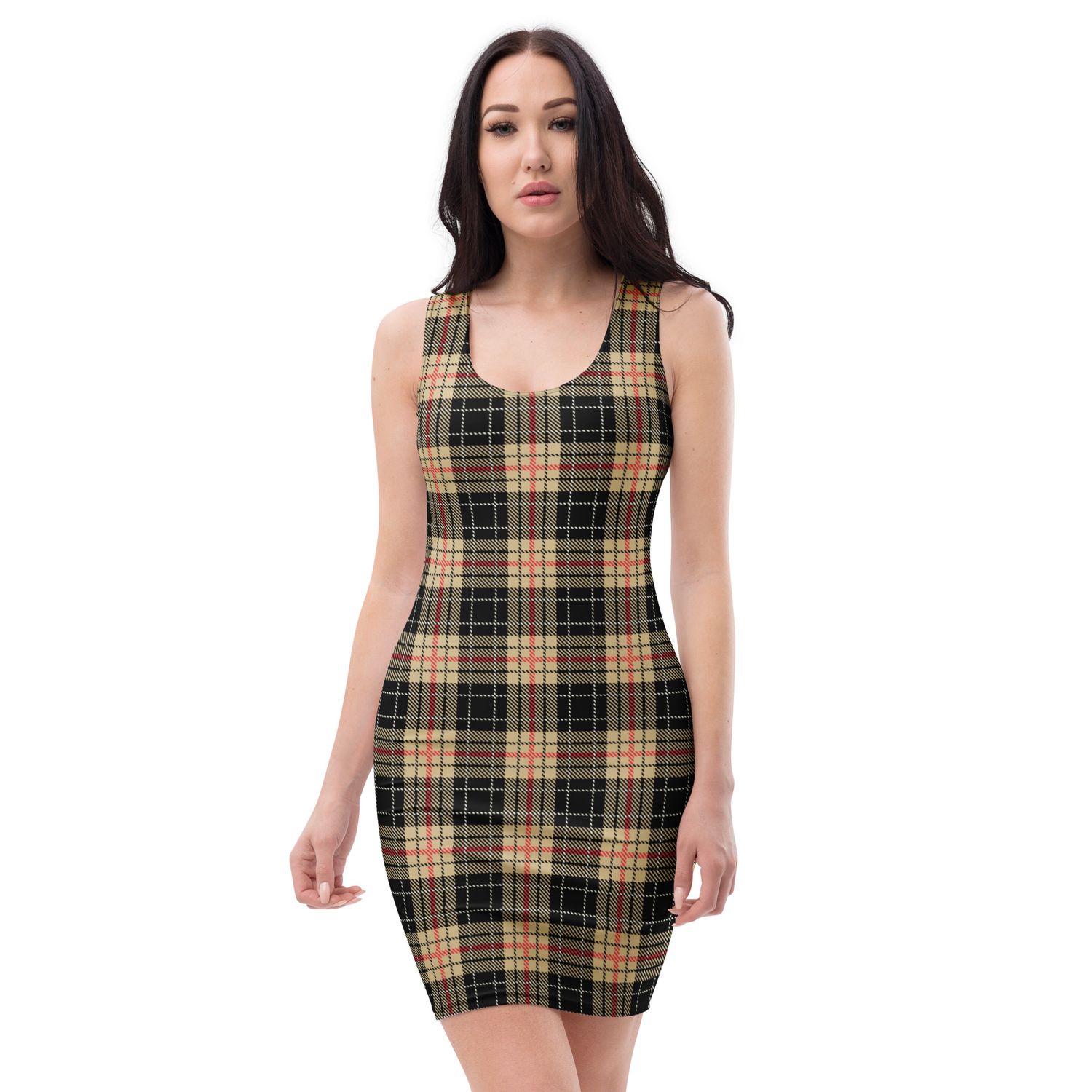 Tan and Black Plaid Bodycon dress
