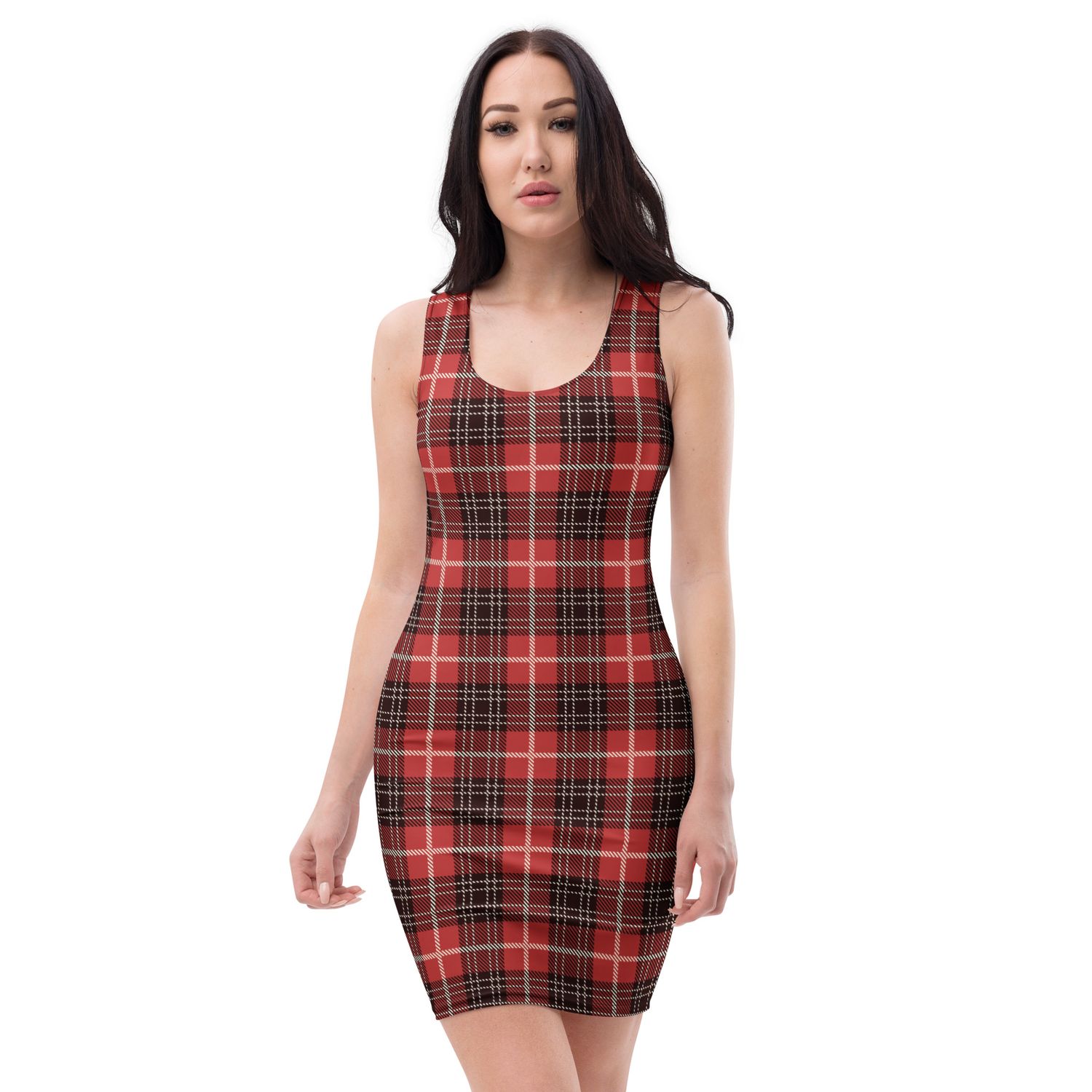Red, Black and White Plaid Bodycon dress