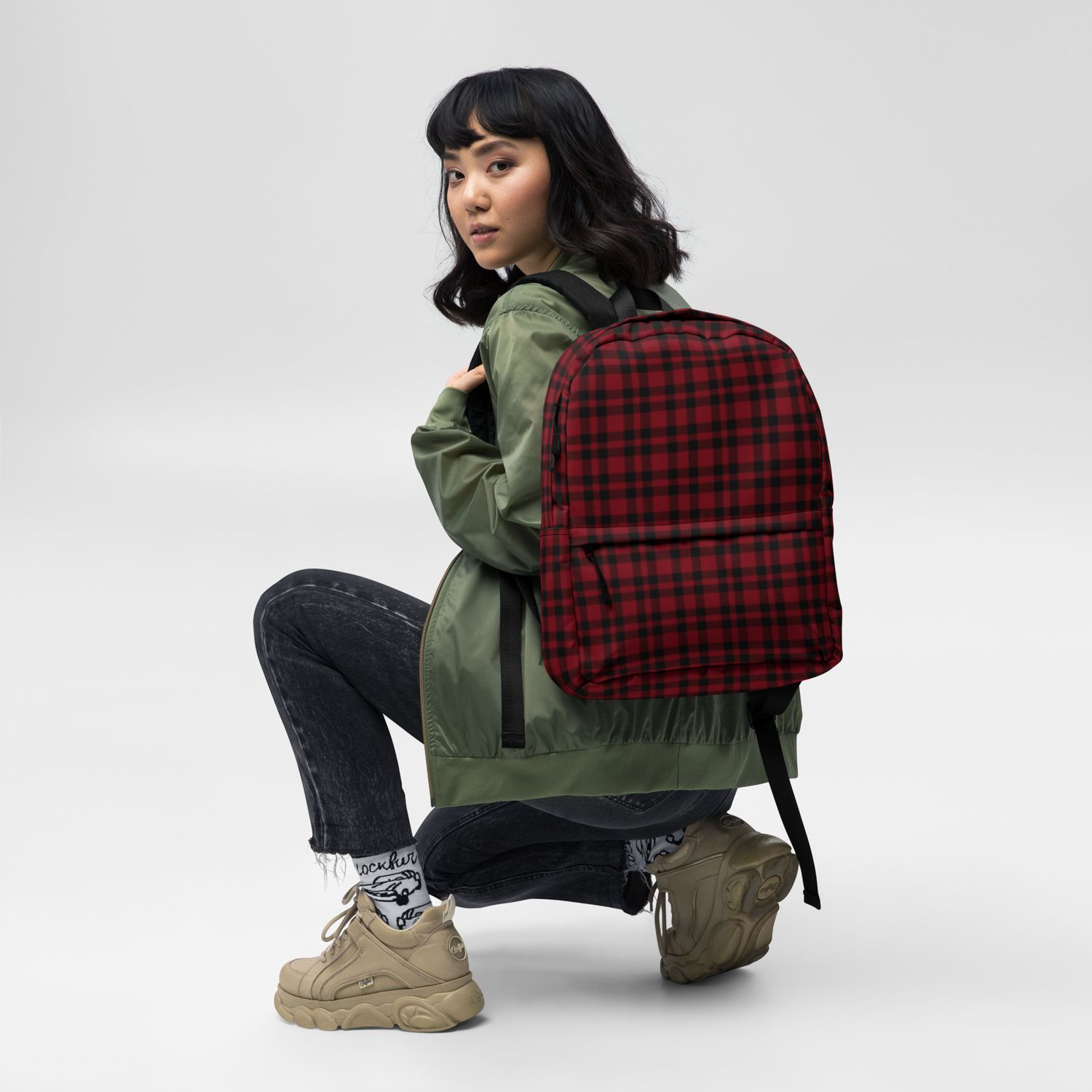 Garnet and Black Plaid Dark Backpack