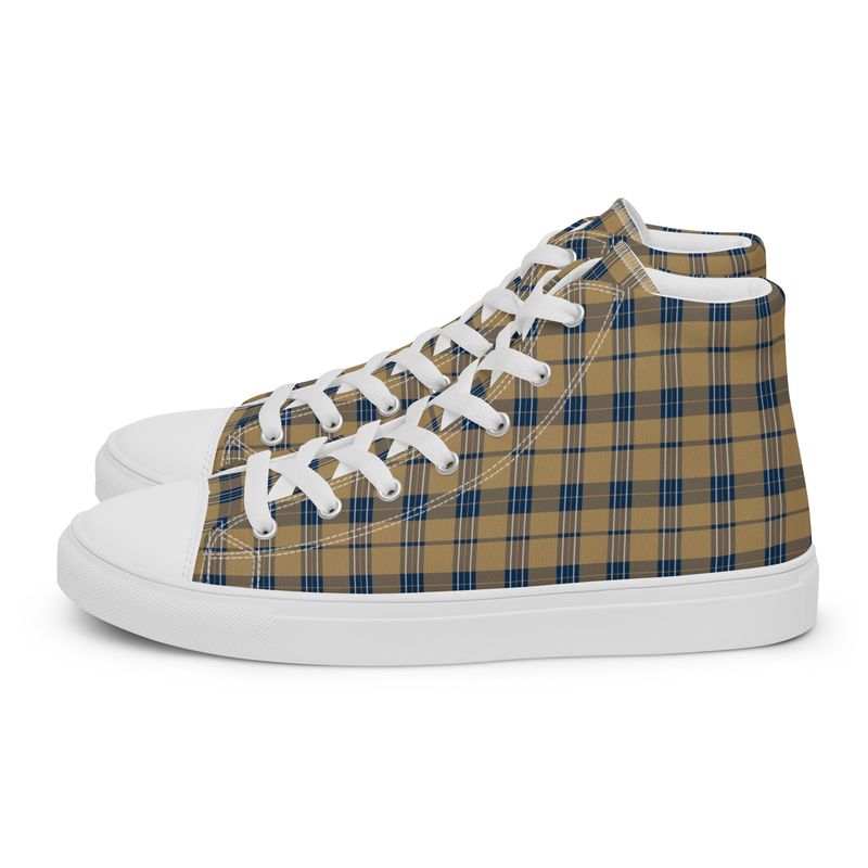 Navy and Gold Plaid Dark Women&#39;s  High Top Canvas Shoes