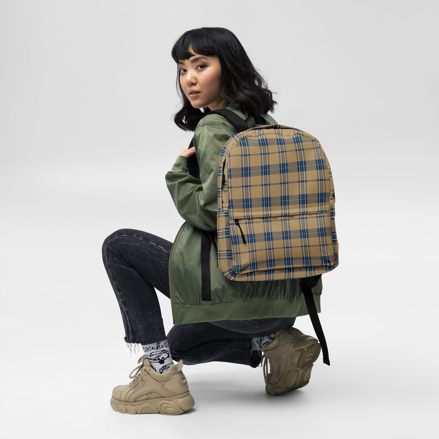 Navy and Gold Plaid Dark Backpack
