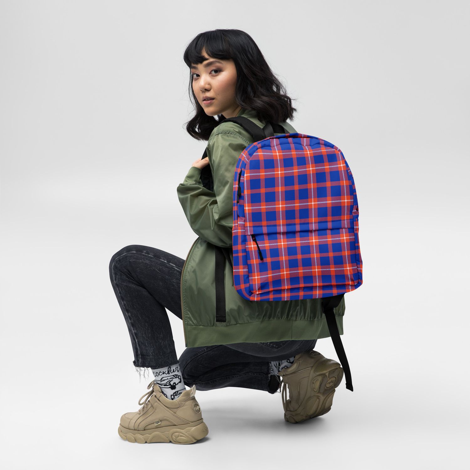 Orange and Blue Plaid Dark Backpack